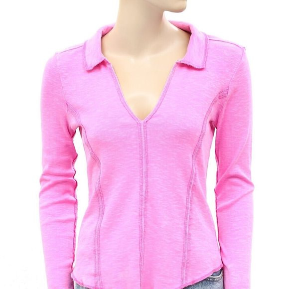 Pilcro Anthropologie Stitched Long-Sleeve Top Pink Collared Solid XXS - Picture 7 of 7